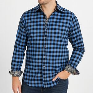 Robert Graham Gotham Blue Black Check Button Down Shirt M